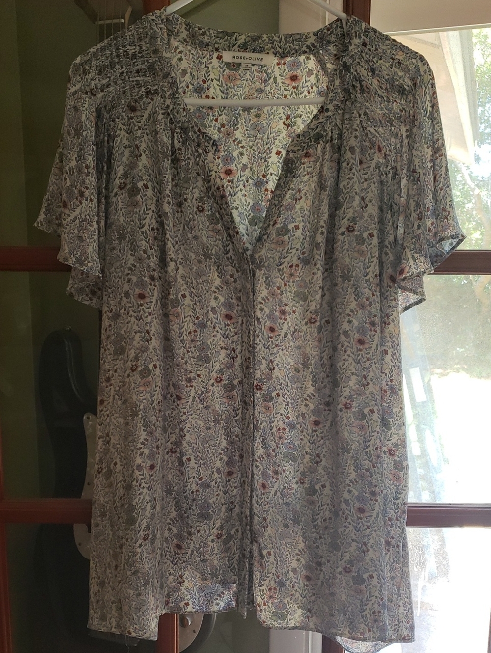 Rose & Olive Floral Sheer Button-Front Blouse in Cream and Blue